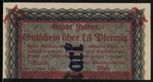 Notgeld Düren 1921, 75 Pfennig, Gutschein über 75 Pfennig in rot und blau mit dekorativem Randmuster