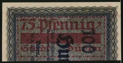 Notgeld Düren 1921, 75 Pfennig, Gutschein über 75 Pfennig in rot und blau mit dekorativem Randmuster