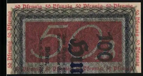 Notgeld Düren 1921, 50 Pfennig, Dunkelrot und Blau, Text in Rot und Schwarz, Wert 50 in Grossbuchstaben