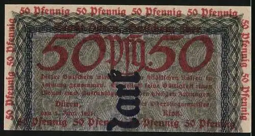 Notgeld Düren 1921, 50 Pfennig, Dunkelrot und Blau, Text in Rot und Schwarz, Wert 50 in Grossbuchstaben