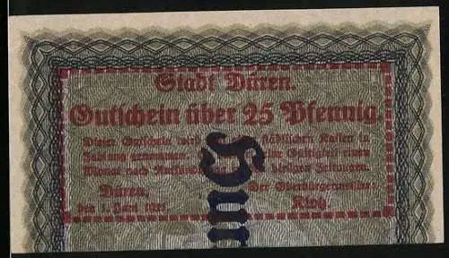 Notgeld Düren, 1921, 25 Pfennig, Stadt Düren Gutschein über 25 Pfennig mit dekorativem Randmuster