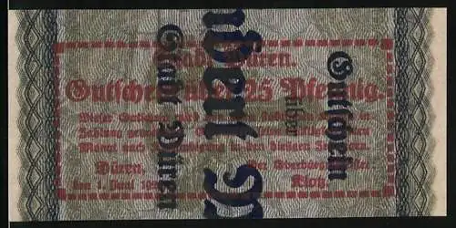 Notgeld Düren, 1921, 25 Pfennig, Stadt Düren, beidseitig bedruckt, gewebtes Textilmuster in Blau und Rot