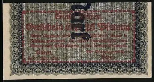 Notgeld Düren 1921, 25 Pfennig, Gutschein mit blauem und rotem Druck