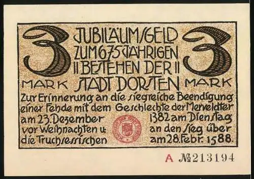 Notgeld Dorsten, 3 Mark, Jubiläumsgeld zum 675 jährigen Bestehen der Stadt Dorsten