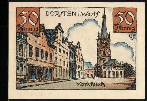 Notgeld Dorsten, 50 Pfennig, Marktplatz und Jubiläumsgeld zum 675-jährigen Bestehen der Stadt Dorsten