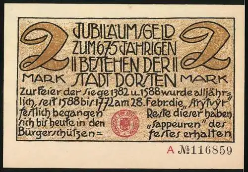 Notgeld Dorsten, 2 Mark, Jubiläumsgeld zum 675-jährigen Bestehen der Stadt Dorsten, Nummer A 116859