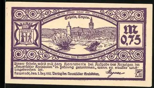 Notgeld Triptis, 1921, 0,75 Mark, Stadtansicht mit Wappen und poetischem Text, Rückseite mit Karte und Hand