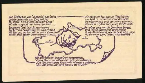 Notgeld Triptis, 1921, 0,75 Mark, Stadtansicht mit Wappen und poetischem Text, Rückseite mit Karte und Hand