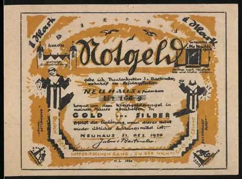 Notgeld Neuhaus 1920, 1 Mark, Theaterdirektor J. Barthels, Karikatur und Textillustrationen