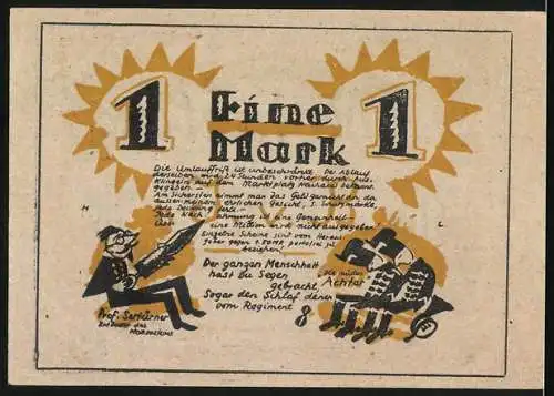 Notgeld Neuhaus 1920, 1 Mark, Theaterdirektor J. Barthels, Karikatur und Textillustrationen