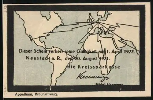 Notgeld Neustadt a. R., 1921, 50 Pf, Weltkarte und Funkmasten auf Vorder- und Rückseite