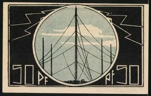 Notgeld Neustadt a. R., 1921, 50 Pf, Weltkarte und Funkmasten auf Vorder- und Rückseite