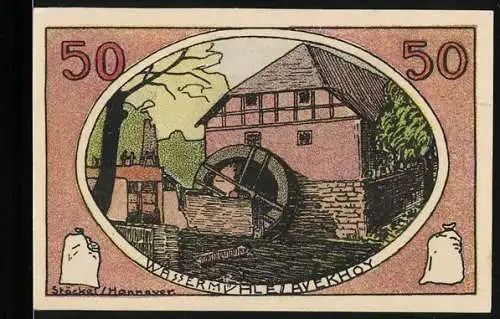 Notgeld Neustadt a. R., 1921, 50 Pfennig, Wassermühle und Fachwerkhaus, Kreissparkasse, Gültigkeit bis 1922