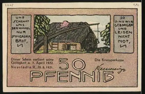 Notgeld Neustadt a. R., 1921, 50 Pfennig, Wassermühle und Fachwerkhaus, Kreissparkasse, Gültigkeit bis 1922