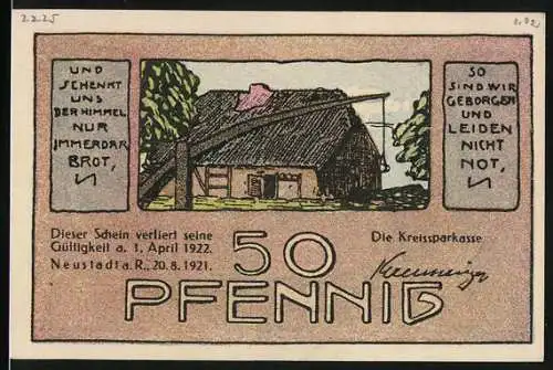 Notgeld Neustadt a. R., 1921, 50 Pfennig, Wassermühle Jakenhof, Kreissparkasse, Gültigkeit bis 1. April 1922