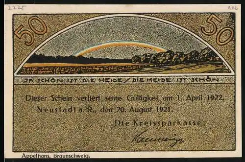 Notgeld Neustadt a. R., 1921, 50 Pfennig, Landschaft mit Regenbogen und Kirche