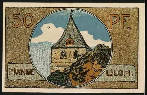 Notgeld Neustadt a. R., 1921, 50 Pfennig, Landschaft mit Regenbogen und Kirche