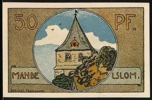 Notgeld Neustadt a. R. 1921, 50 Pf, Turm und Landschaft mit Regenbogen