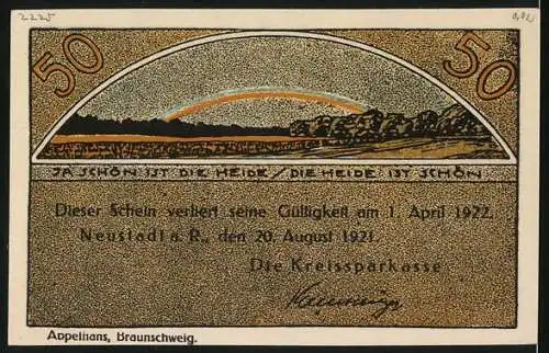 Notgeld Neustadt a. R. 1921, 50 Pf, Turm und Landschaft mit Regenbogen