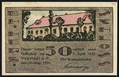 Notgeld Neustadt a.R., 1921, 50 Pf, Gebäudeansichten und Skulpturen, Gültigkeit bis 1922