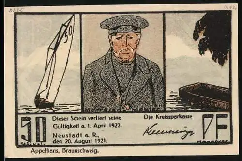 Notgeld Neustadt a. R., 1921, 50 Pfennig, Mann in Uniform mit Segelboot und Boot, Rückseite Segelboot auf See