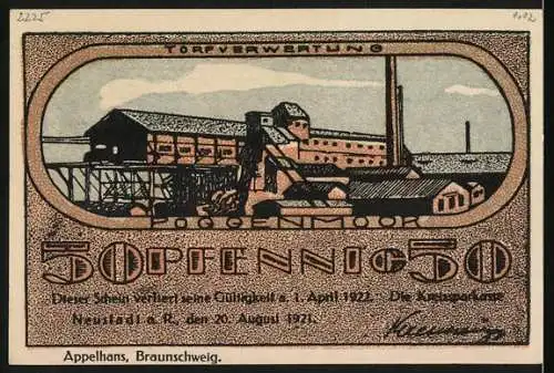 Notgeld Neustadt a. R. 1921, 50 Pfennig, Industriebau mit Förderanlage und Fabrikansicht