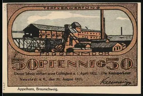 Notgeld Neustadt a.R., 1921, 50 Pfennig, Industriegelände und Seilbahn mit Lastenzeichen