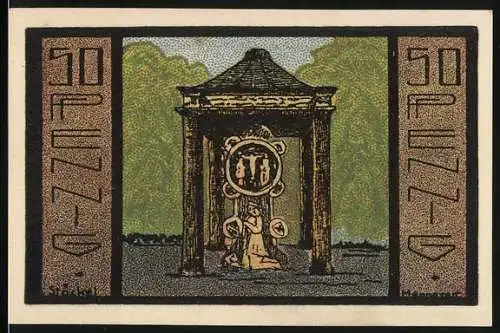 Notgeld Neustadt a. R. 1921, 50 Pfennig, Motiv: Pavillon und Brücke