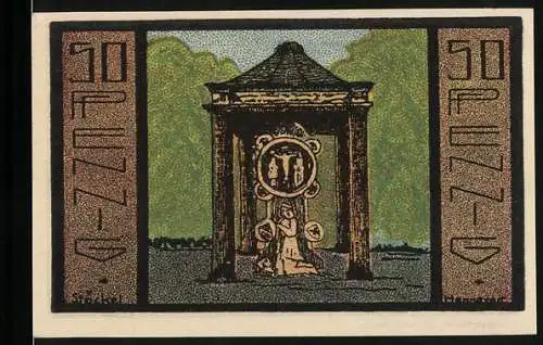 Notgeld Neustadt a. R. 1921, 50 Pfennig, Brücke und Pavillon Illustration