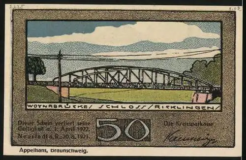 Notgeld Neustadt a. R. 1921, 50 Pfennig, Brücke und Pavillon Illustration