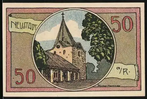 Notgeld Neustadt a. R., 1921, 50 Pfennig, Kirche und Löwe auf Burg