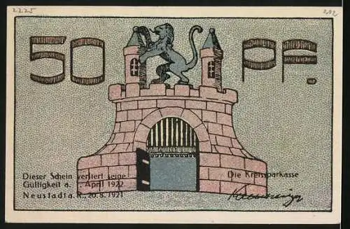 Notgeld Neustadt a. R., 1921, 50 Pfennig, Kirche und Löwe auf Burg