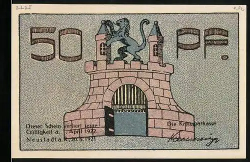 Notgeld Neustadt a. R., 1921, 50 Pf, Löwe auf Burg und Kirche, Gültig bis 1. April 1922