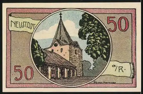 Notgeld Neustadt a. R., 1921, 50 Pf, Löwe auf Burg und Kirche, Gültig bis 1. April 1922