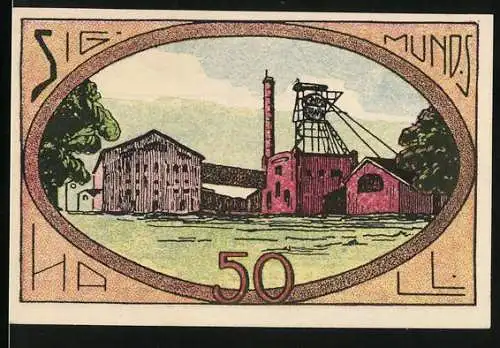 Notgeld Neustadt a. R., 1921, 50 Pfennig, Motiv mit Bergwerk und landwirtschaftlichen Symbolen