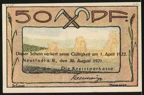 Notgeld Neustadt a. R., 1921, 50 Pfennig, Motiv mit Bergwerk und landwirtschaftlichen Symbolen