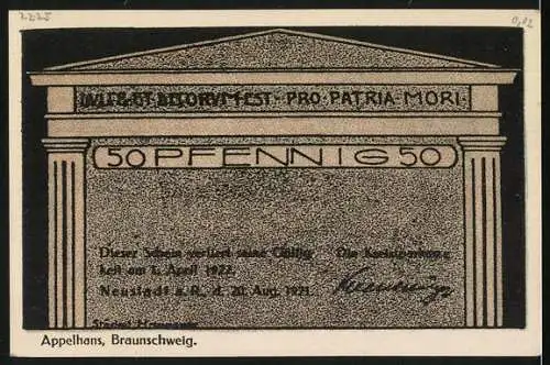 Notgeld Neustadt a. R. 1921, 50 Pfennig, Denkmalsymbol und Helme, Zitat Mit festem Schritt