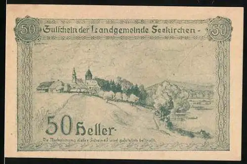 Notgeld Seekirchen, 1920, 50 Heller, Zullschein der Landgemeinde Seekirchen mit Landschaftsillustration und Text auf Rü