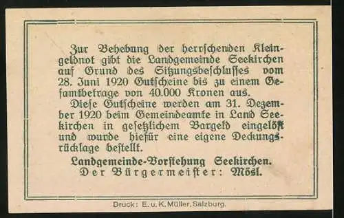 Notgeld Seekirchen, 1920, 50 Heller, Zullschein der Landgemeinde Seekirchen mit Landschaftsillustration und Text auf Rü