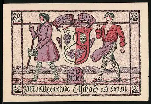 Notgeld Aschach 1920, 20 Heller, zwei arbeitende Männer und Wappen der Marktgemeinde Aschach a.d. Donau