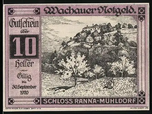 Notgeld Spitz / Donau 1920, 10 Heller, Schloss Ranna-Mühldorf, Gültig bis 30. September 1920