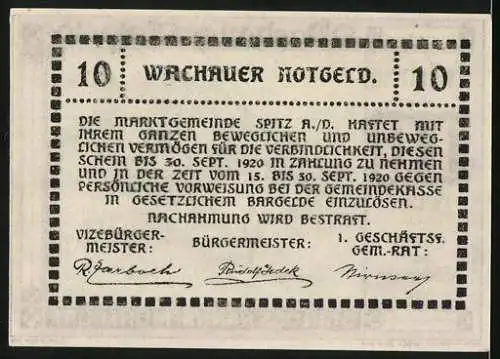 Notgeld Spitz / Donau 1920, 10 Heller, Schloss Ranna-Mühldorf, Gültig bis 30. September 1920