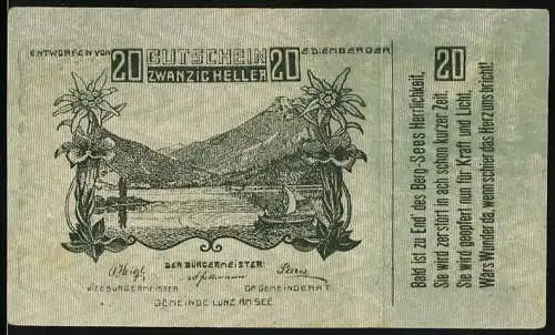 Notgeld Lunz am See, 1920, 20 Heller, Gutschein mit Landschaft und Segelboot, Einlösung vom 15. bis 31. Dezember 1920