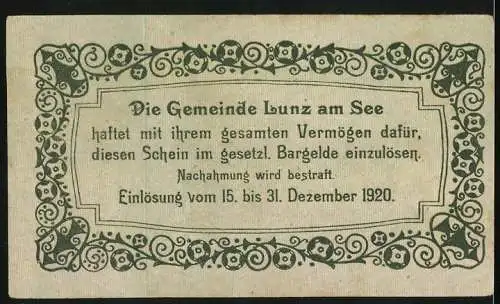 Notgeld Lunz am See, 1920, 20 Heller, Gutschein mit Landschaft und Segelboot, Einlösung vom 15. bis 31. Dezember 1920