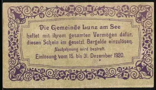 Notgeld Lunz am See, 1920, 50 Heller, Landschaft mit See und Bergen, Einlösung von 15. bis 31. Dezember