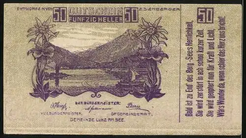 Notgeld Lunz am See, 1920, 50 Heller, Landschaft mit See und Bergen, Einlösung von 15. bis 31. Dezember