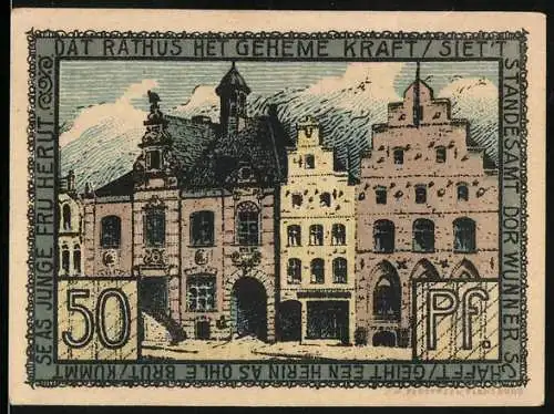 Notgeld Husum, 50 Pfennig, Stadthaus und Rathausabbildung, Seriennummer 75470