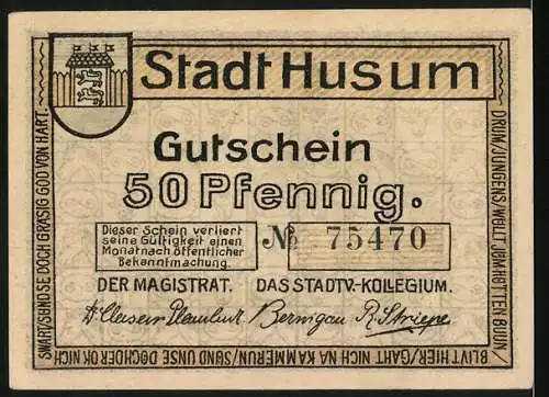 Notgeld Husum, 50 Pfennig, Stadthaus und Rathausabbildung, Seriennummer 75470