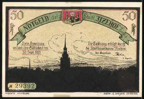 Notgeld Itzehoe, 1921, 50 Pfennig, Johann Hinrich Fehrs Gedenkschein mit Stadtansicht und Ablaufdatum 30. Sept. 1921