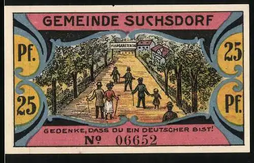 Notgeld Suchsdorf, 1921, 25 Pf, Motiv von Spaziergängern und Wappen mit Adler und Flaggen